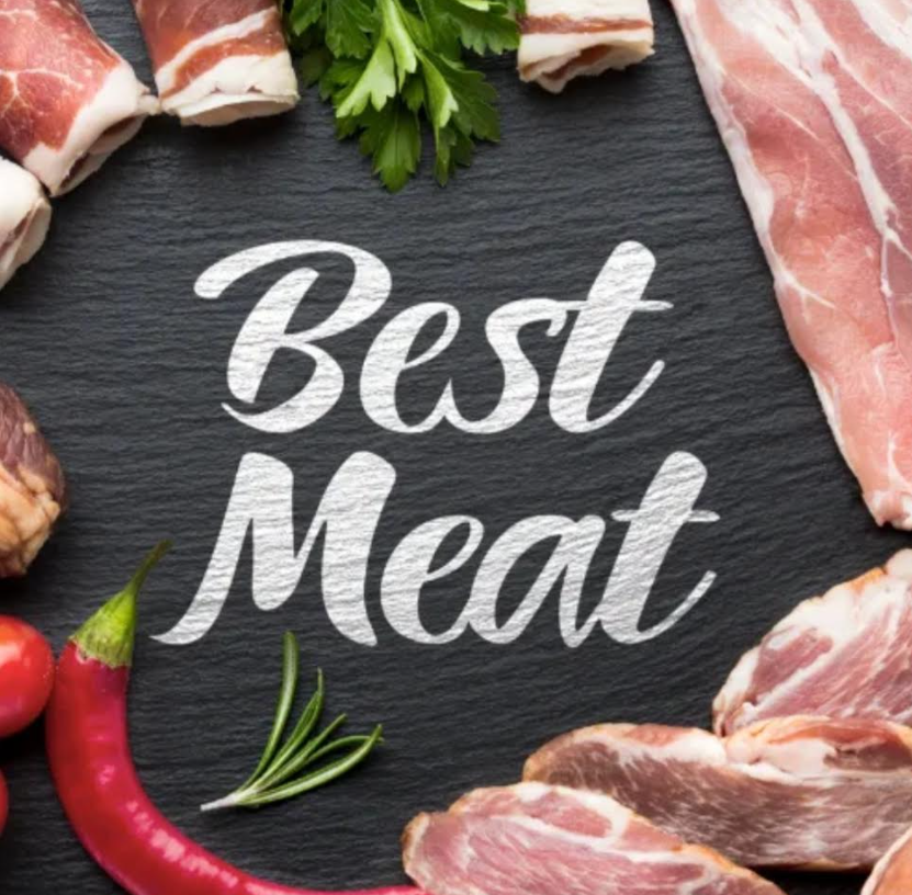 Best Meat — logo na łupkowej desce z mięsem